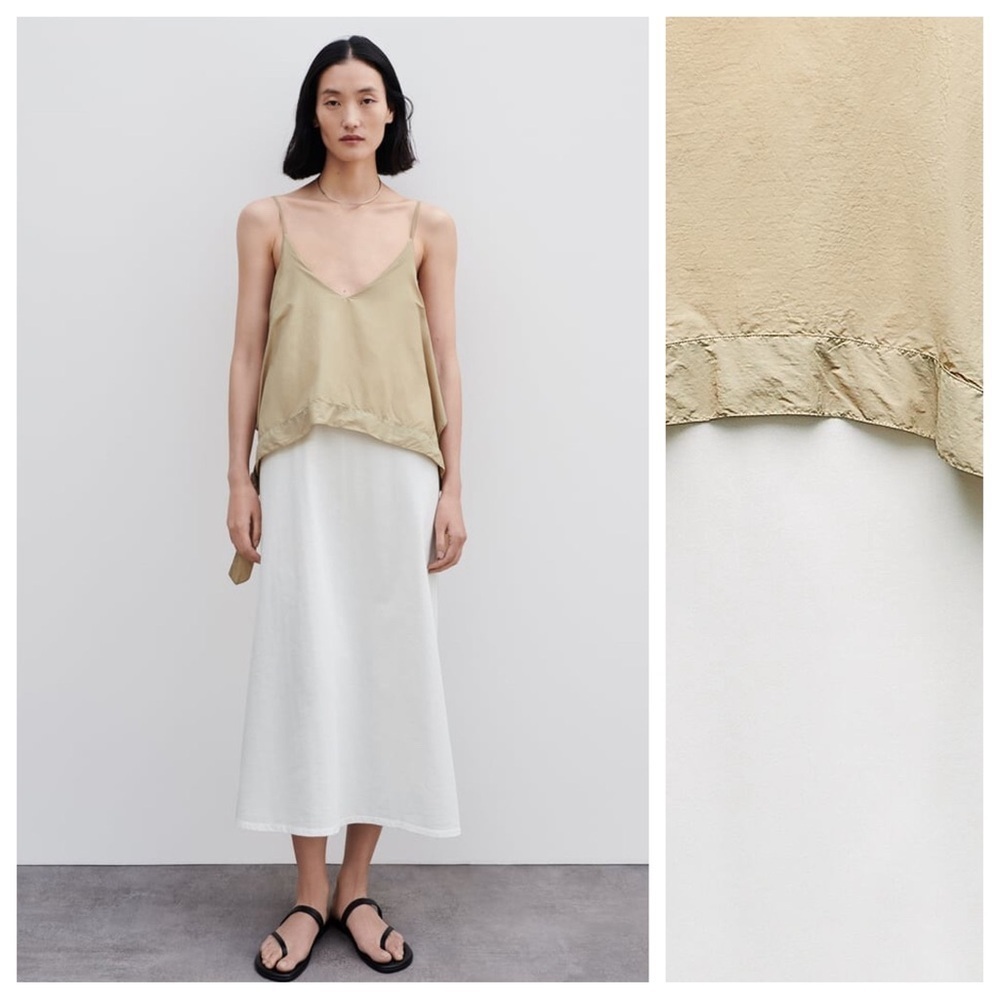 NWT. Zara White/Tan Contrasting Midi Dress. Size M.